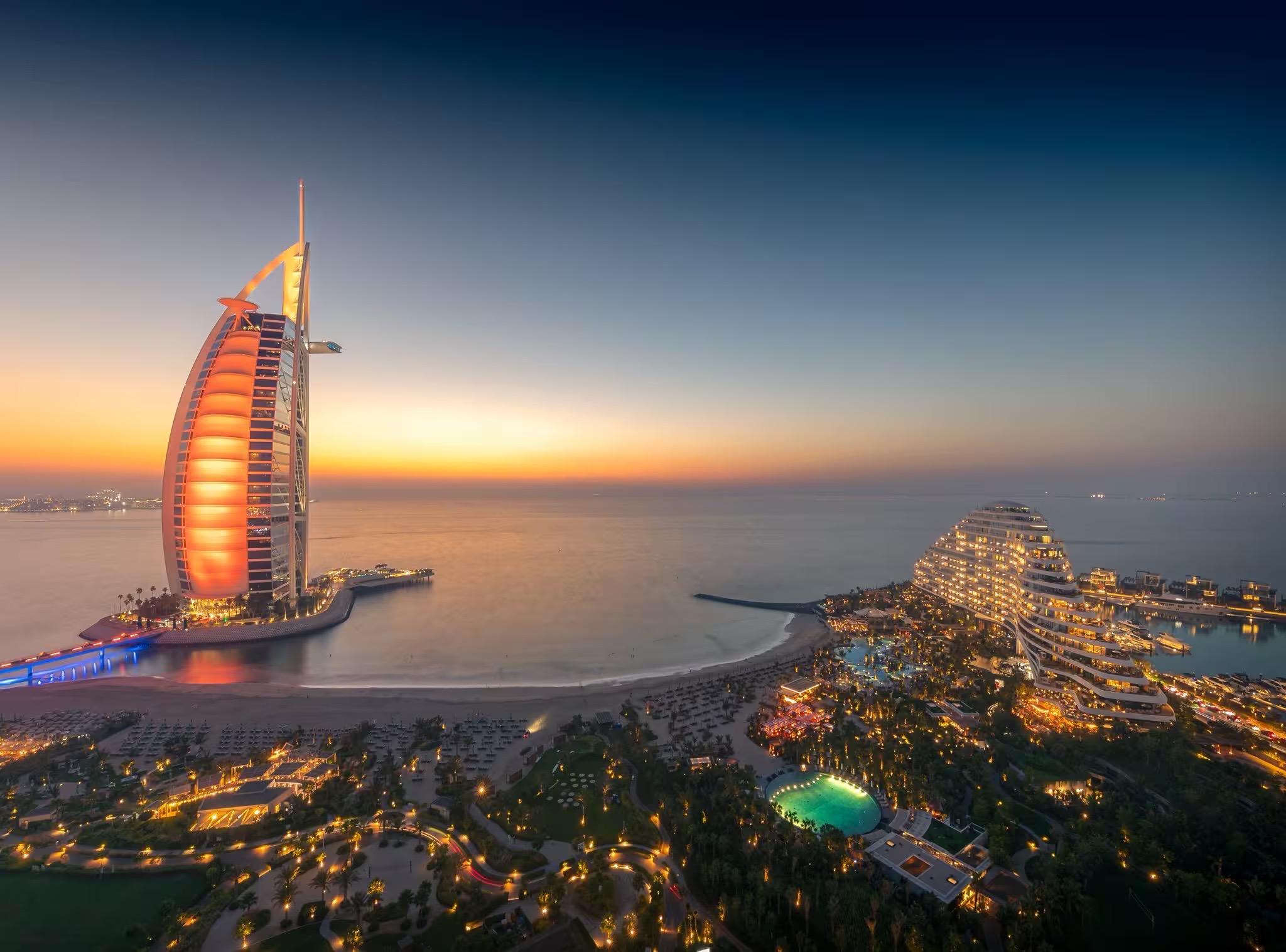The Burj Al Arab off the Jumeirah coastline at dusk, Dubai.